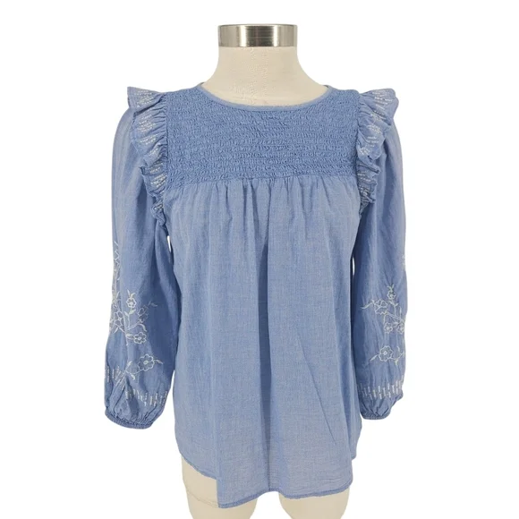 Ann Taylor LOFT Shirt Blue Floral Embroidered Ruffle Long Sleeve Smocked Medium - Picture 1 of 9